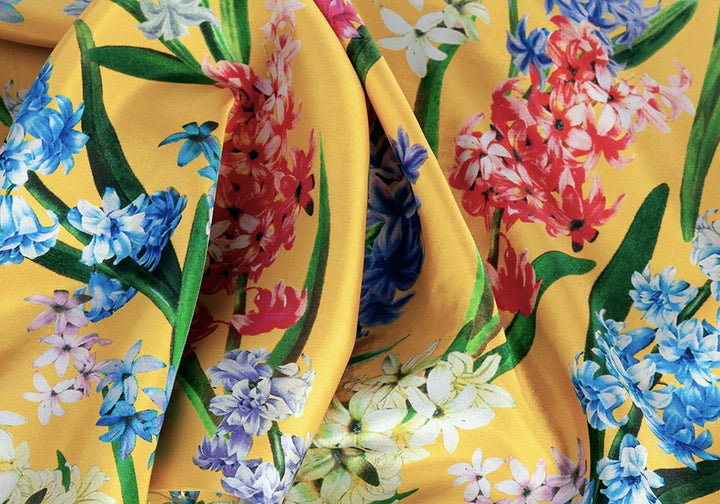 Fragrant Hyacinths on Gold Silk Crepe de ChineMade in Italy)