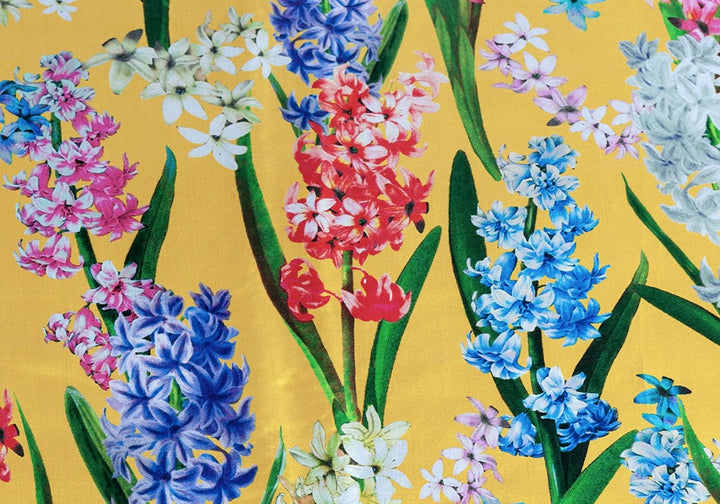 Fragrant Hyacinths on Gold Silk Crepe de ChineMade in Italy)