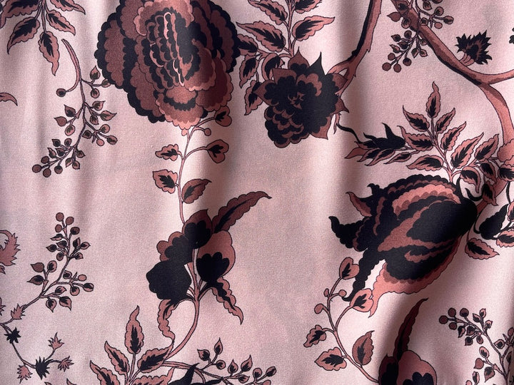 Floral Cedar Wood & Dogwood Pink Matte Silk Satin Charmeuse (Made in Italy)