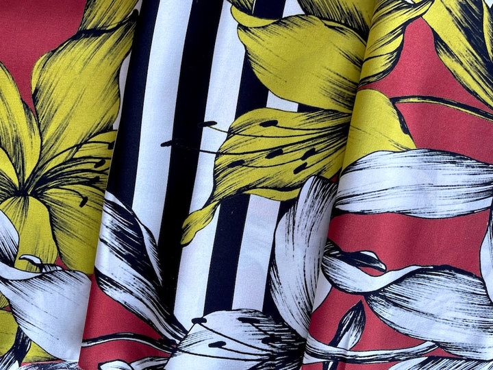 Dries van Noten White & Yellow Asiatic Lilies Stretch Matte Silk Satin Charmeuse (Made in Italy)