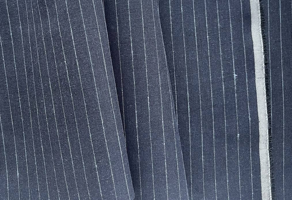 Mid-Weight Dapper Baby Blue Pinstripe on Black Linen (Made in Poland)
