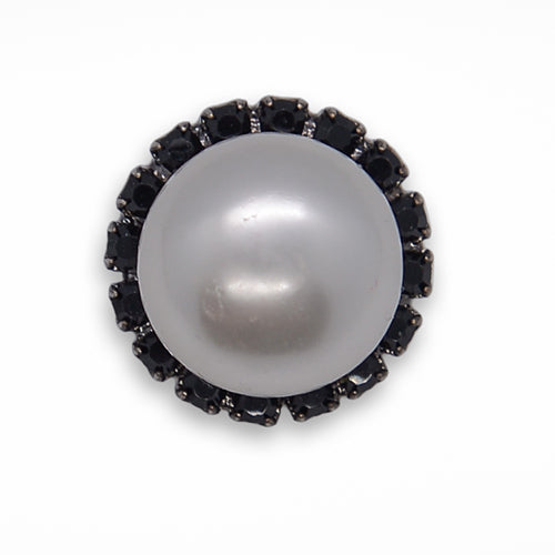 Domed Pearly Full Moon Black Rhinestone Button (Made in Spain)