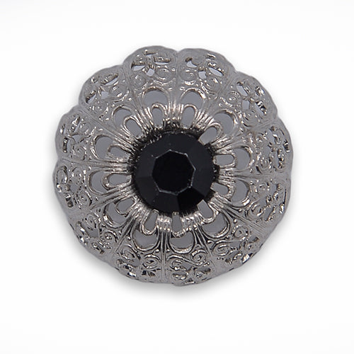 Domed Filigreed Black Rhinestone Silver Button (Made in Switzerland)