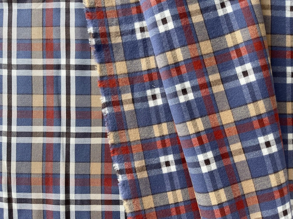 High-End Periwinkle, Brick & Camel Moderne Plaid Cotton Flannel Shirting (Made in Italy)