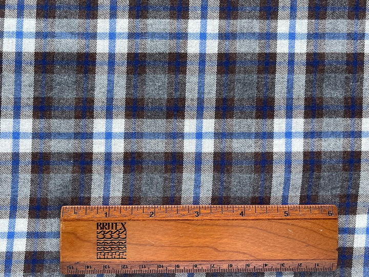 Ultramarine, Chocolate & Dove Grey Plaid Cotton Flannel Shirting (Made in Italy)