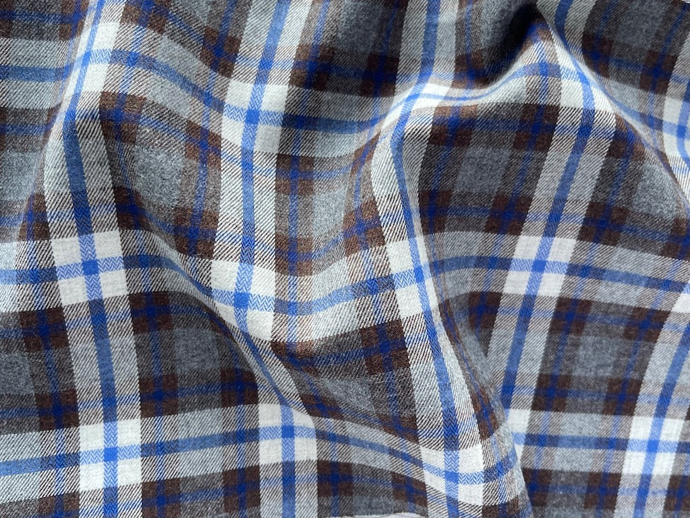 Ultramarine, Chocolate & Dove Grey Plaid Cotton Flannel Shirting (Made in Italy)