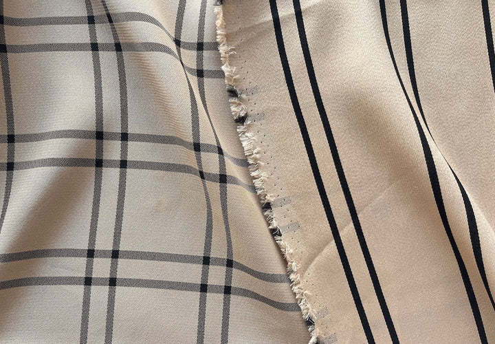 Reversible Understated Striped Plaid Black & Camel Rayon Satin Crepe (Made in Italy)