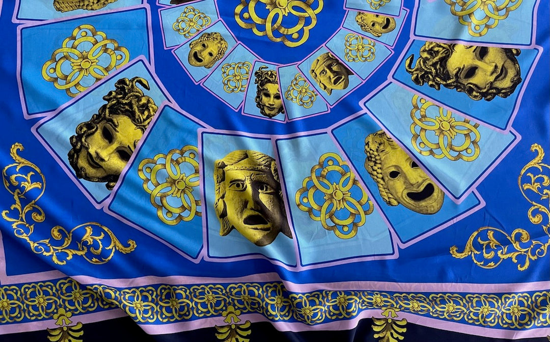 54" Panel - Masks of Comedy & Tragedy with Medusa Silk Crepe De Chine (Made in Italy)