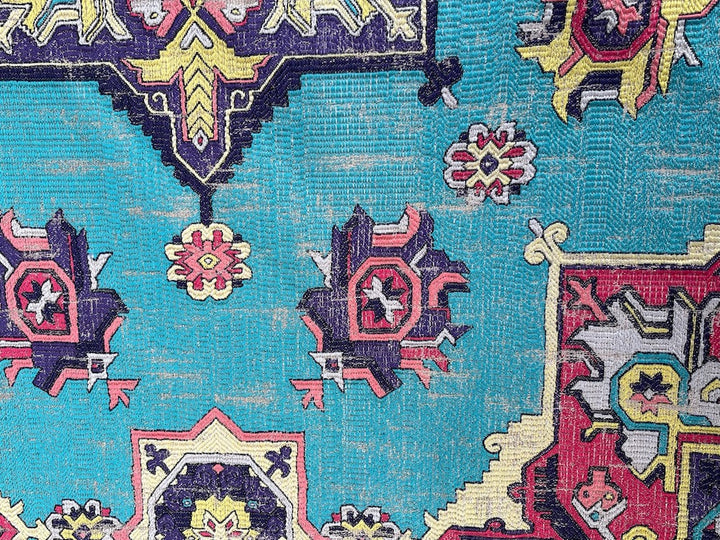 High-End Distressed Kilim with Medallions Turquoise Viscose Blend Tapestry (Made in Turkey)