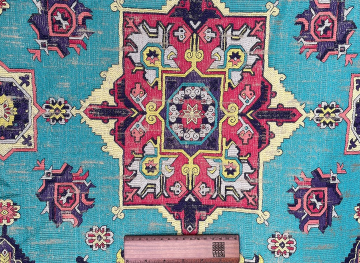 High-End Distressed Kilim with Medallions Turquoise Viscose Blend Tapestry (Made in Turkey)