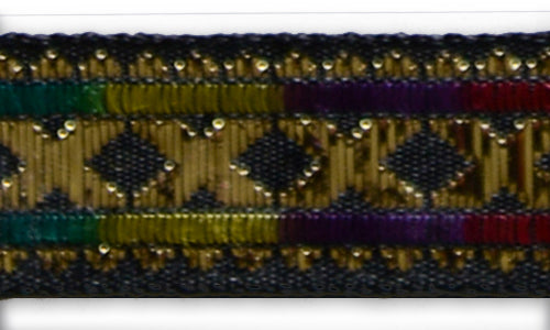 3/4" Geometric Rainbow, Black & Gold Metallic Woven Rayon Ribbon