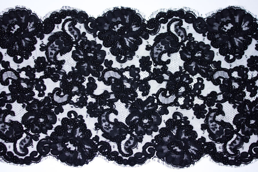 11" Pearled Black Floral Alençon Galloon Lace (Made in France)