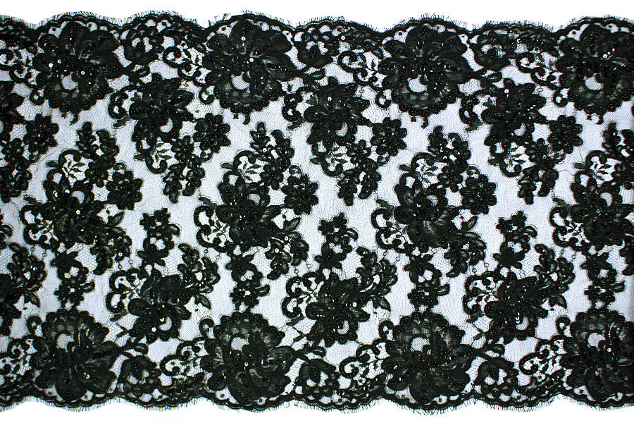 18" Sequined & Pearled Black Floral Alençon Galloon Lace (Made in France)