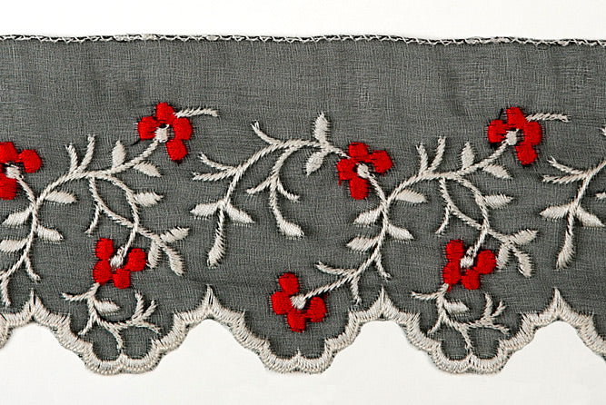 3"  Black & Carmine Floral Embroidered Silk Organza Edging Trim
