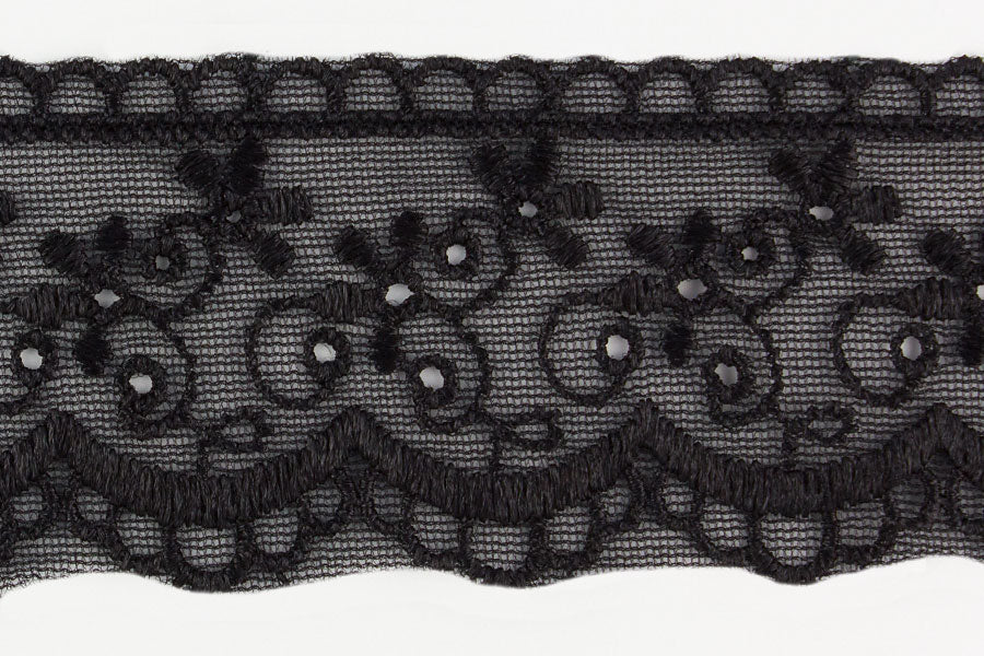 1 3/4" Delicate Black Tricot & Lace Trim (Made in England)