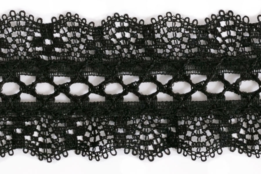 1 1/2" Black Ruffled Lace Trim (Made in England)