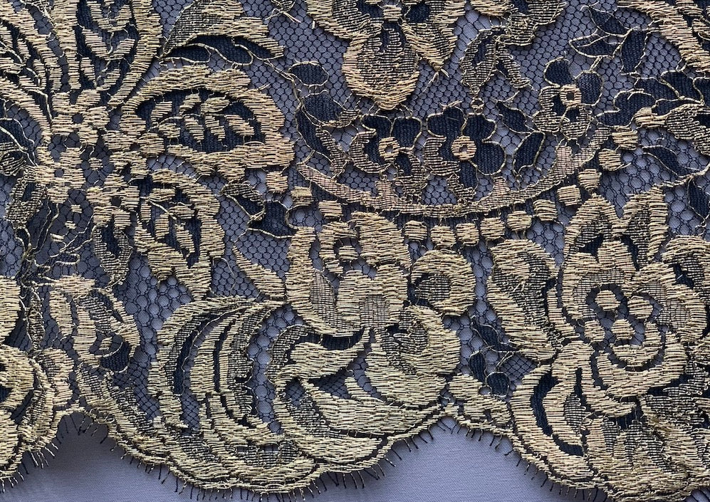 14 Black & Antique Gold Floral Chantilly Lace (Made in France