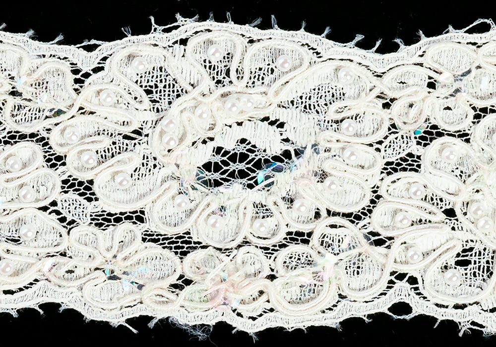 2" Ivory Alençon Galloon Lace with Sequins & Pearls (Made in France)