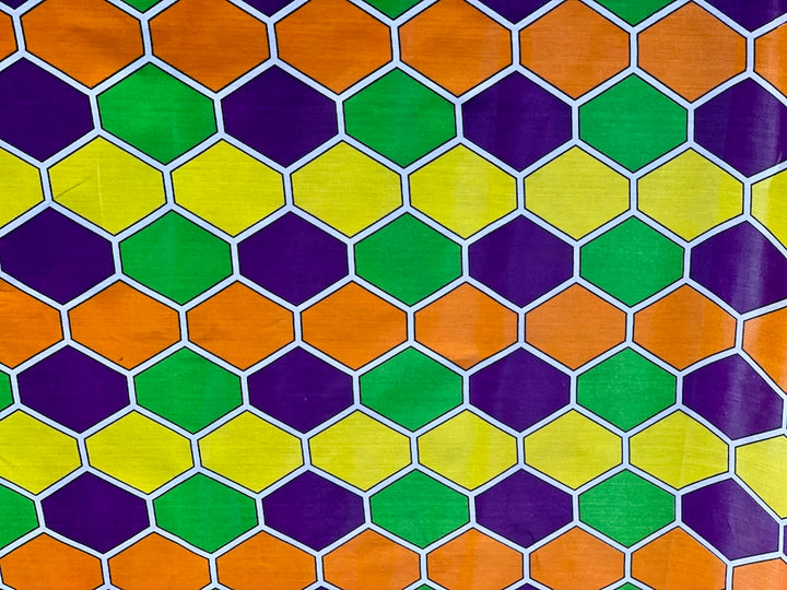 Purple, Orange, Yellow & Green Hexagon African Cotton Print