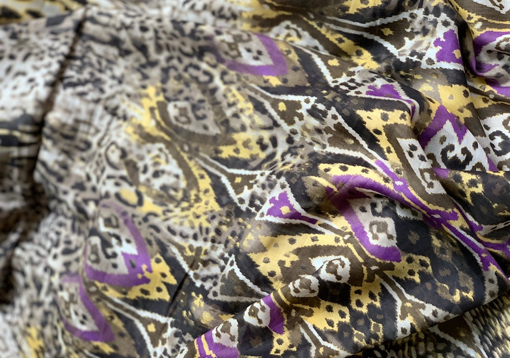 15" Border Print - Plum Leopard Ikat Cotton & Silk  Voile (Made in Italy)