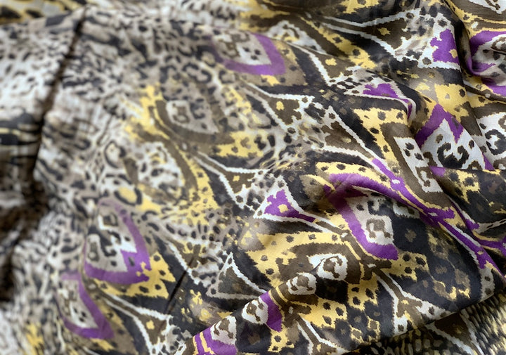 15" Border Print - Plum Leopard Ikat Cotton & Silk  Voile (Made in Italy)