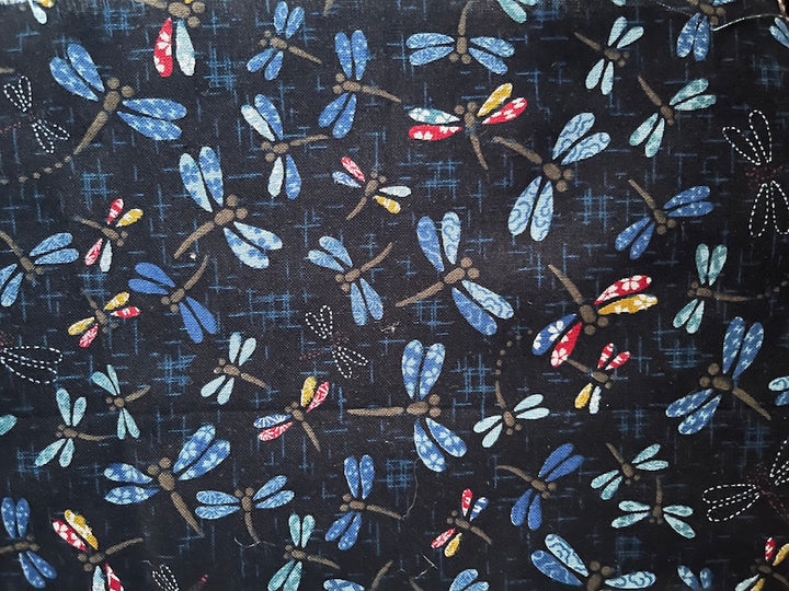 Indigo Cavorting Dragonflies Cotton (Made in Japan)