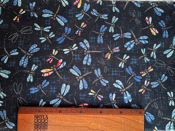 Indigo Cavorting Dragonflies Cotton (Made in Japan)