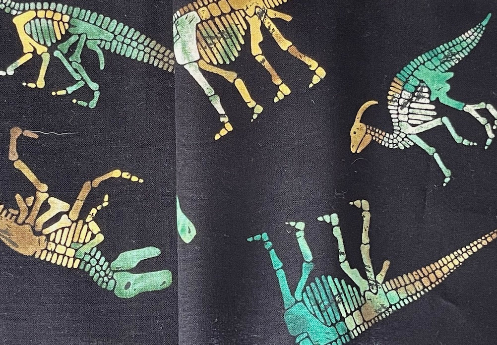 Pine Green Friendly Dinosaur Skeleton Quilting Cotton