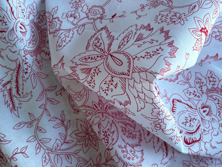Sweet Jacobean-Inspired Floral Cherry & White Pima Cotton
