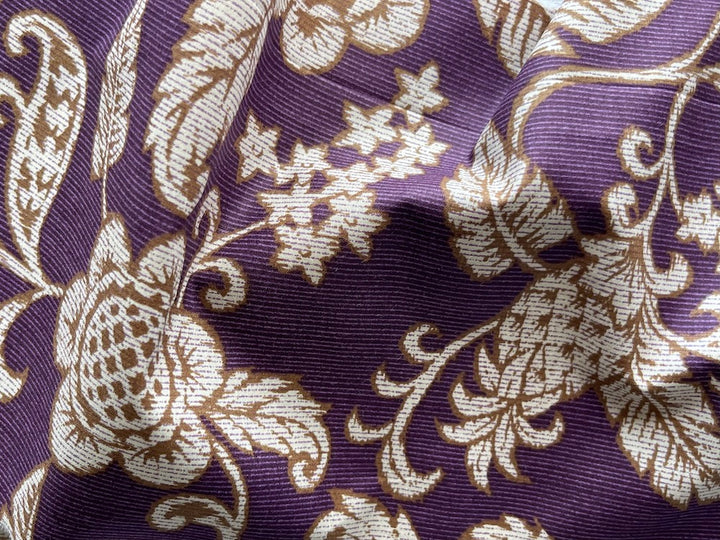 Floral Woodcut-Style Burnished Gold & Plum Cotton Lawn (Made in Japan)