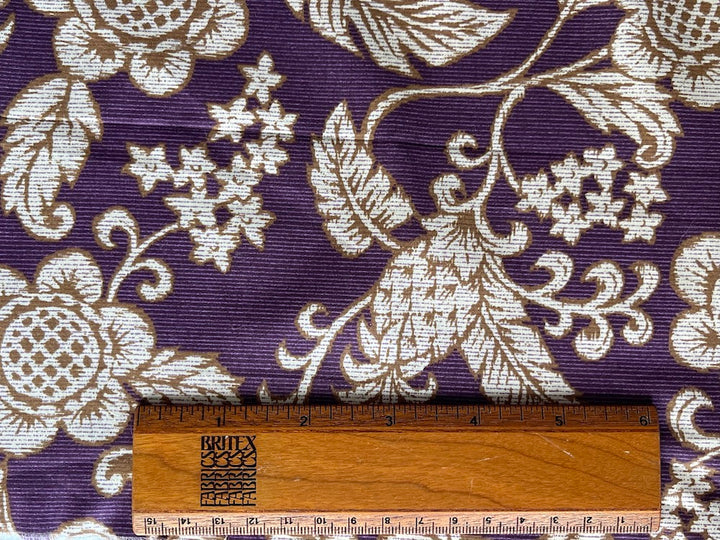 Floral Woodcut-Style Burnished Gold & Plum Cotton Lawn (Made in Japan)