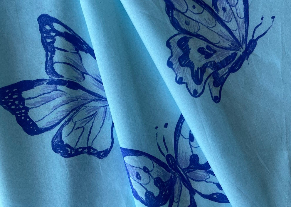Aquamarine Fluttering Butterflies Cotton Lawn (Made in Italy)