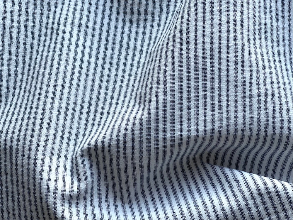 Midnight Navy & White Striped Ticking Stretch Cotton Shirting