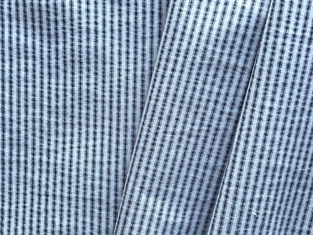 Midnight Navy & White Striped Ticking Stretch Cotton Shirting