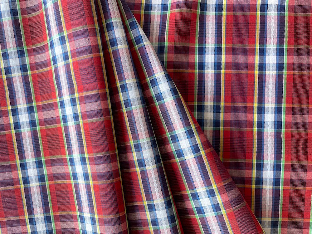 Tightly-Woven Cherry & Navy Plaid Cotton Shirting (Made in Italy)