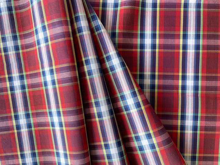 Tightly-Woven Cherry & Navy Plaid Cotton Shirting (Made in Italy)