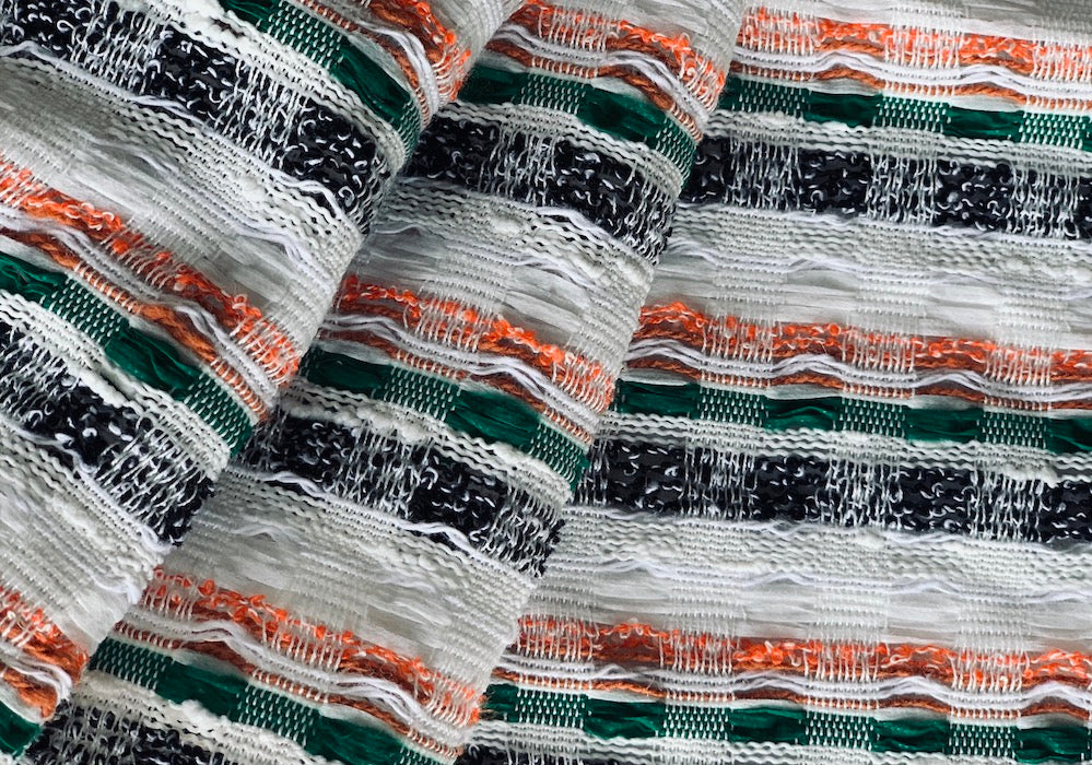 Loosely Woven Coral & Malachite Striped Cotton Blend (Made in France)