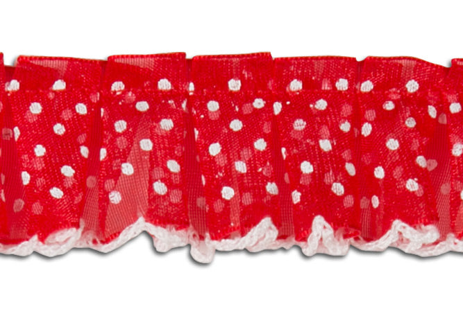 1" Dotted Cherry Red Sheer Organza Ruffled Trim
