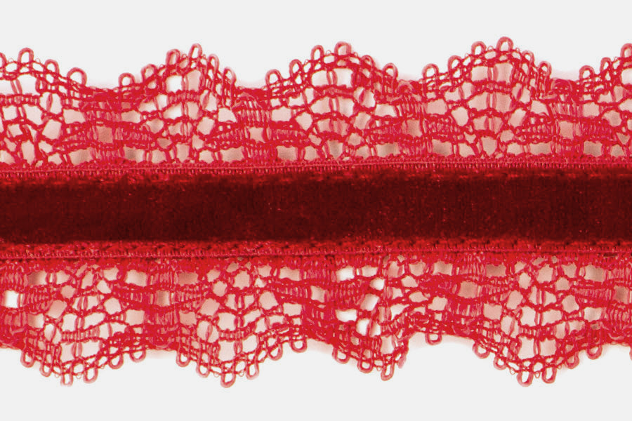 1 1/4" Red Stretch Velvet & Lace (Made in England)