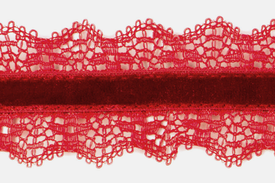 1 1/4" Red Stretch Velvet & Lace (Made in England)