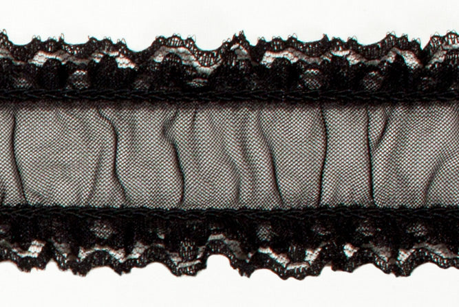 1 1/2" Black Ruched Stretch Lace (Made in England)