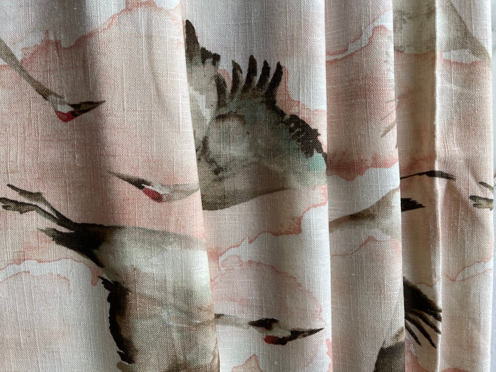 Elegant Water-Color Sandhill Cranes Pale Blush Linen Blend (Made in England)