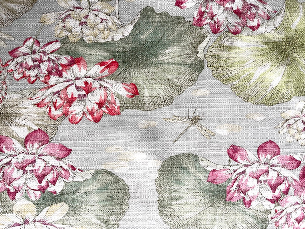 Serene Waterlilies & Flitting Dragonflies Basketweave Cotton (Made in Spain)