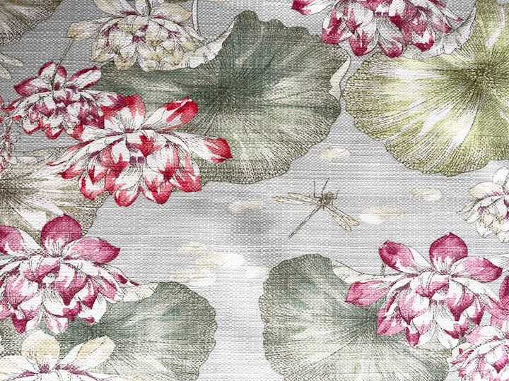 Serene Waterlilies & Flitting Dragonflies Basketweave Cotton (Made in Spain)