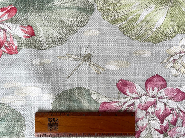 Serene Waterlilies & Flitting Dragonflies Basketweave Cotton (Made in Spain)