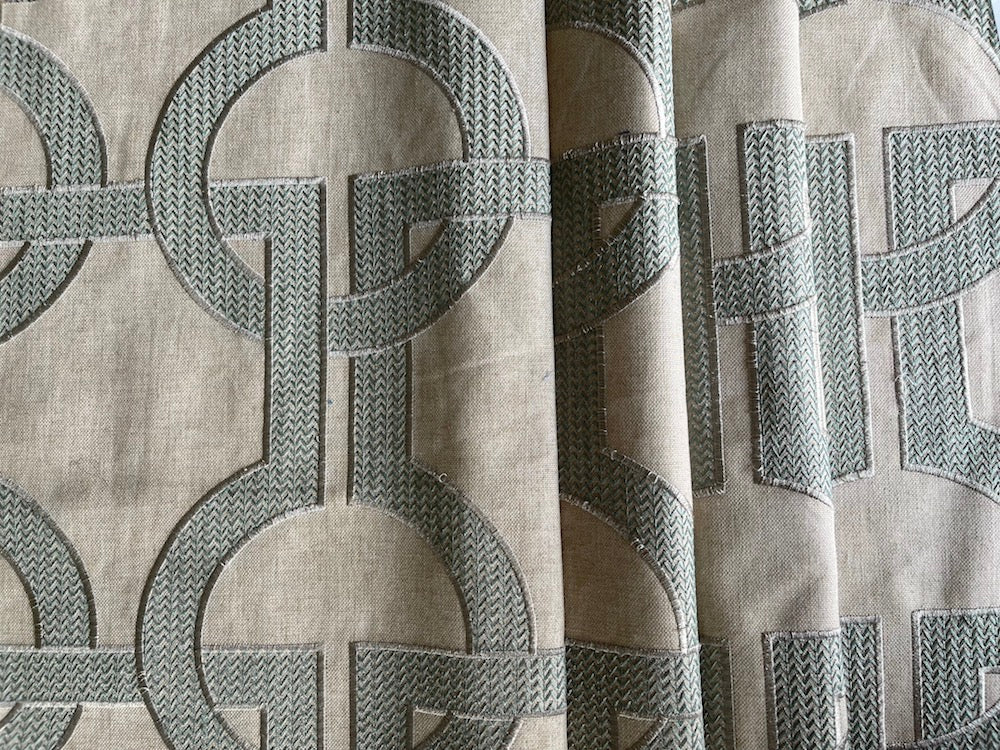 Embroidered Copper Patina & Silver Interlocking Arts & Crafts Linen Blend (Made in England)
