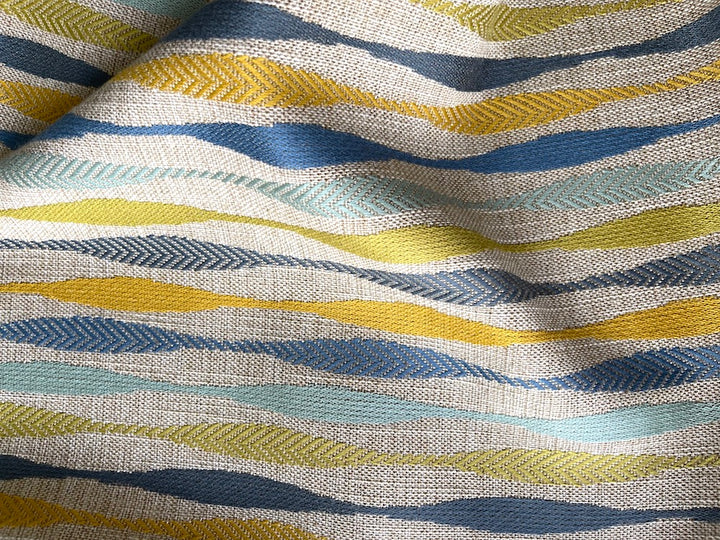 1940s-Inspired Aqua & Mustard Variegated Stripe Polyester Blend (Made in Turkey)