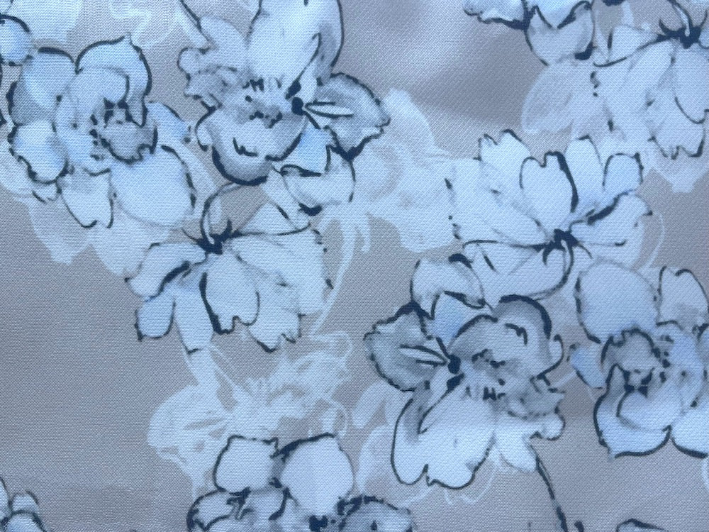 Semi-Sheer Palest Ice & Pearly Grey Delicate Blooms on Toasted Sand Silk Gazaar  (Made in Italy)