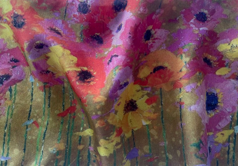 Impressionistic Meadow of Poppies & Cosmos Silk Habutai  (Made in Italy)