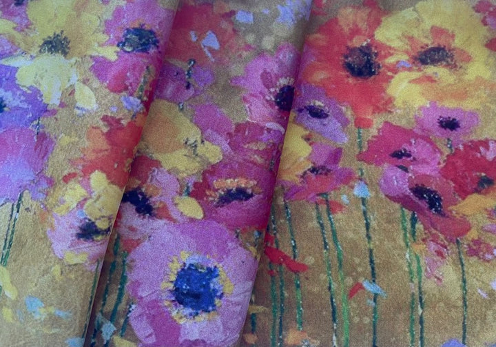 Impressionistic Meadow of Poppies & Cosmos Silk Habutai  (Made in Italy)